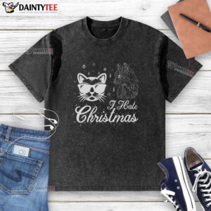 Awesome cool cat I hate Christmas washed t-shirt featuring a playful feline graphic, perfect for holiday humor.