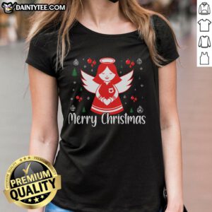 Awesome Cute Angel Merry Christmas Ladies Tee featuring a festive angel graphic, perfect for holiday celebrations.