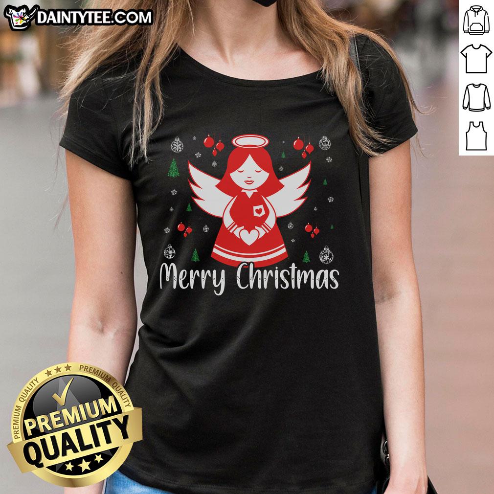 Awesome Cute Angel Merry Christmas Ladies Tee featuring a festive angel graphic, perfect for holiday celebrations.