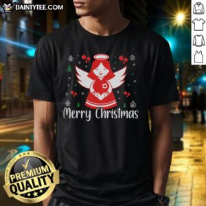 Awesome Cute Angel Merry Christmas T-Shirt featuring a cheerful angel design with festive colors and holiday spirit.
