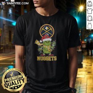 Alt Text: Awesome Denver Nuggets Christmas Grinch Santa Hat Holiday 2025 T-Shirt featuring festive design and team colors.