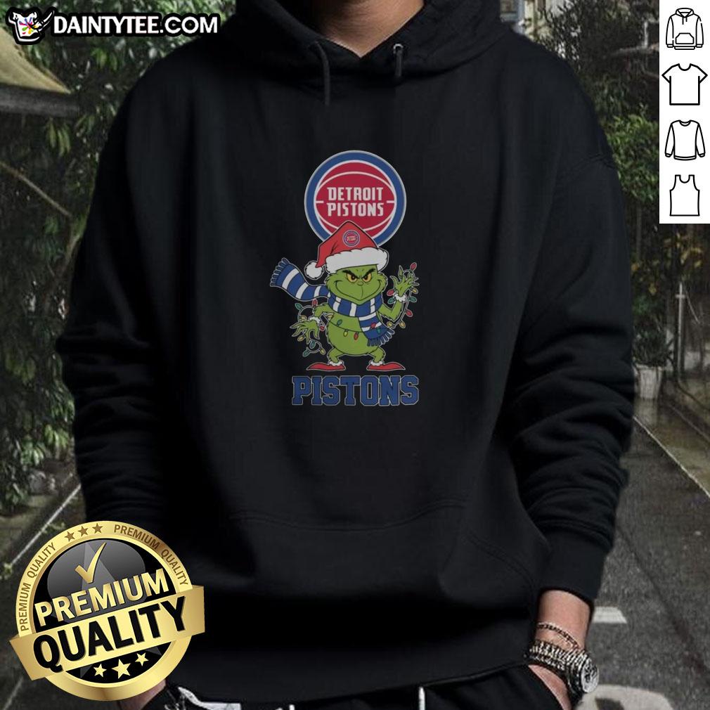 Awesome Detroit Pistons Christmas Grinch Santa Hat Holiday 2025 Hoodie featuring festive design and team colors.