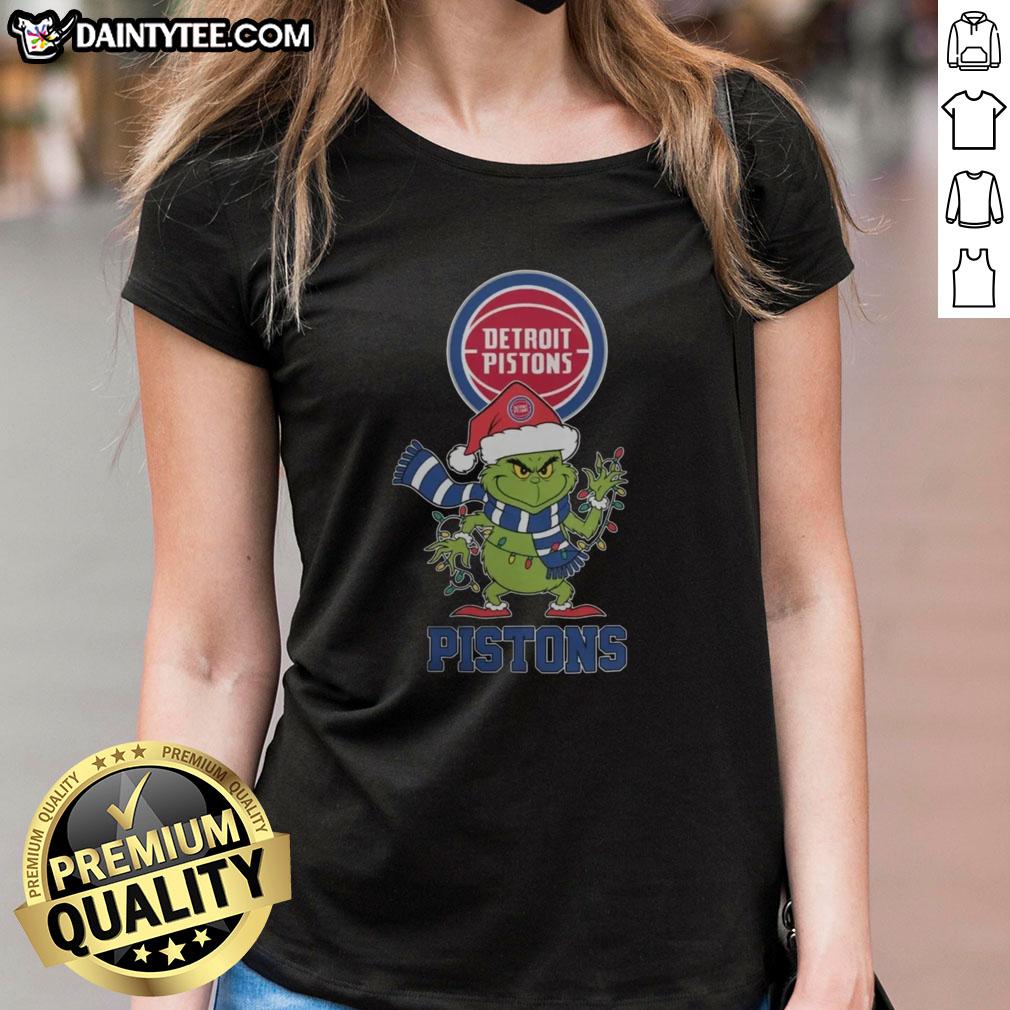Awesome Detroit Pistons Christmas Grinch Santa Hat Holiday 2025 ladies tee, perfect for festive basketball fans.