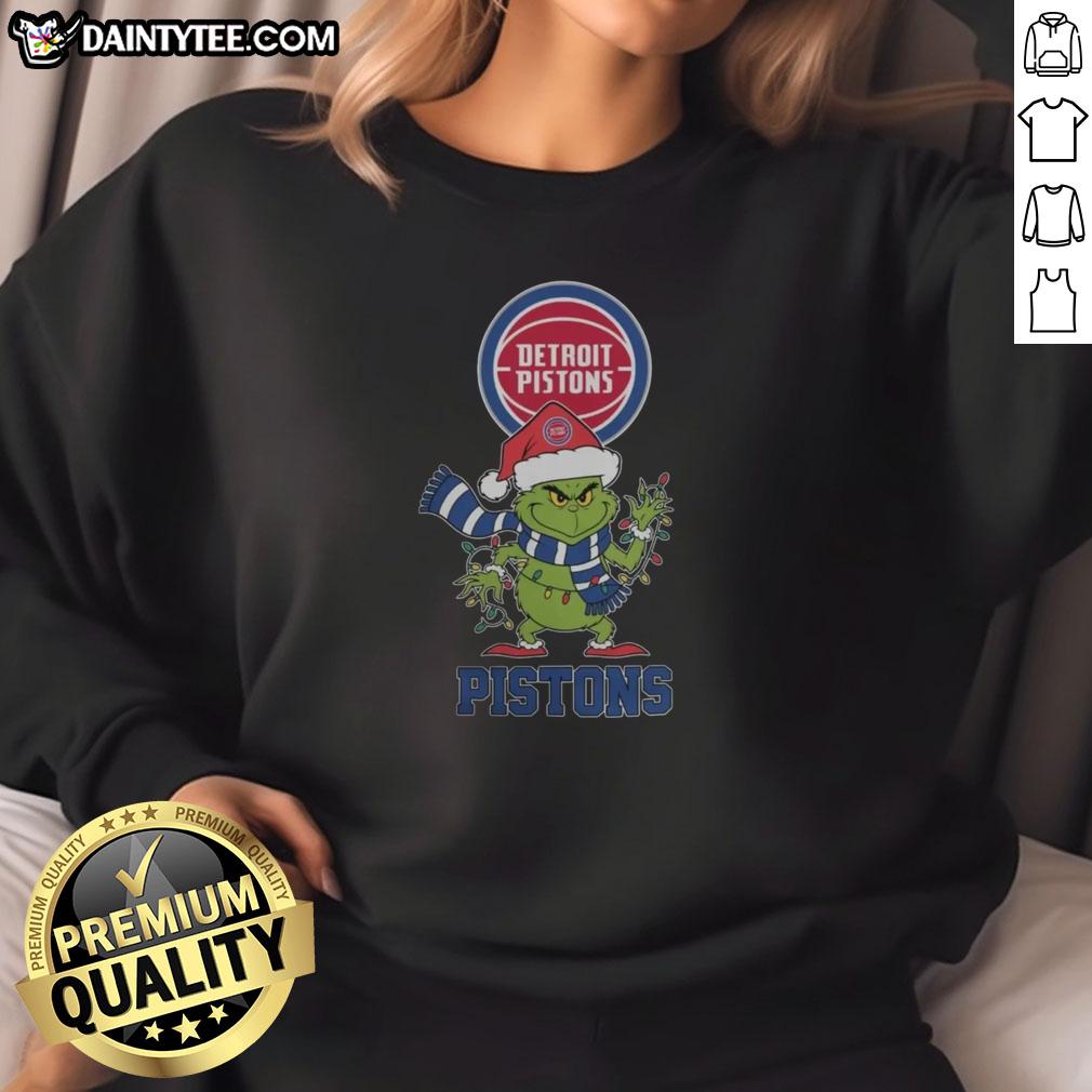 Awesome Detroit Pistons Christmas Grinch Santa Hat Holiday 2025 Sweatshirt featuring festive design and team colors.