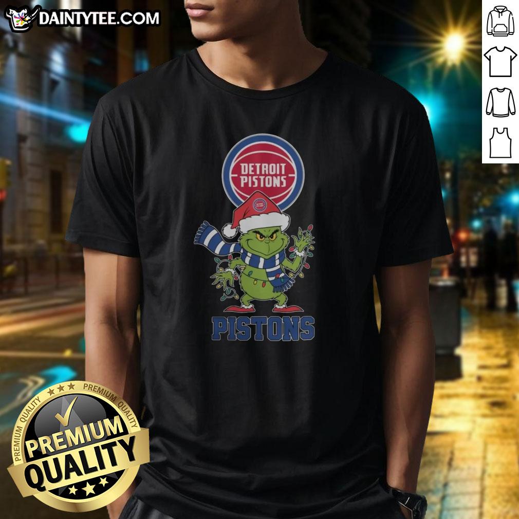 Awesome Detroit Pistons Christmas Grinch Santa Hat Holiday 2025 T-Shirt featuring festive design and team colors.