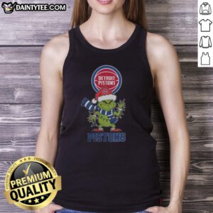 Alt Text: Awesome Detroit Pistons Christmas Grinch Santa Hat tank top for the 2025 holiday season, perfect for festive fans.