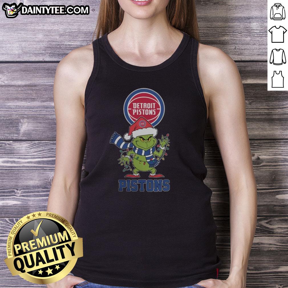 Alt Text: Awesome Detroit Pistons Christmas Grinch Santa Hat tank top for the 2025 holiday season, perfect for festive fans.