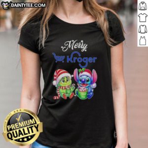 Awesome Grinch and Stitch X Kroger Merry Christmas ladies tee featuring festive designs for holiday cheer.