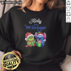 Awesome Grinch and Stitch X Kroger Merry Christmas sweatshirt featuring vibrant colors and festive designs for the holiday season.
