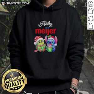 Awesome Grinch and Stitch X Meijer Merry Christmas hoodie featuring festive designs for holiday cheer.