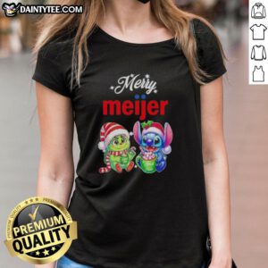 Awesome Grinch and Stitch X Meijer Merry Christmas Ladies Tee featuring festive designs for holiday cheer.