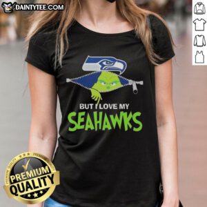 Awesome Grinch graphic on a Seattle Seahawks football ladies tee, perfect for fans celebrating the holiday season.