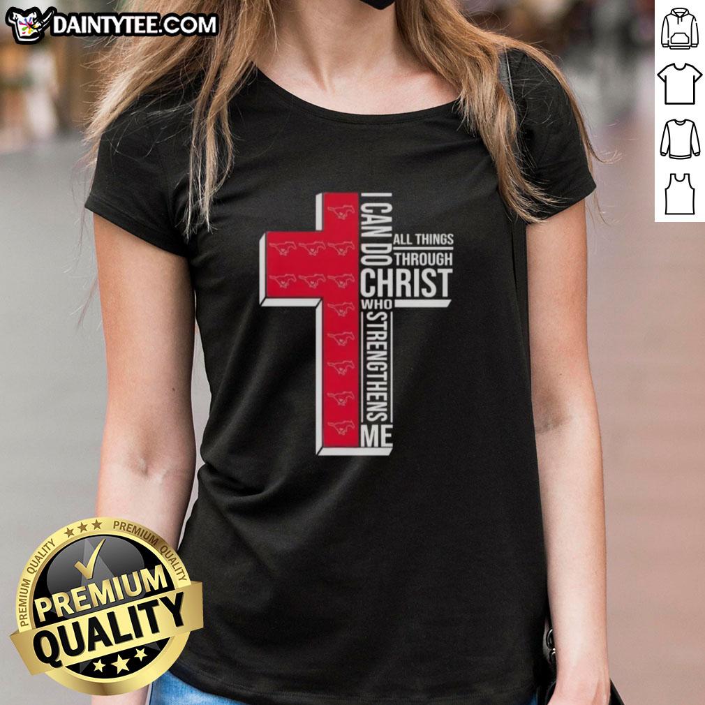 Alt Text: SMU Mustangs football ladies tee featuring 'I Can Do All Things Through Christ' motivational design.