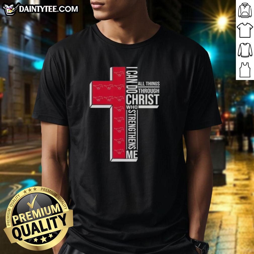 Alt Text: Awesome SMU Mustangs football cross t-shirt featuring 'I Can Do All Things Through Christ Who Strengthens Me' design.