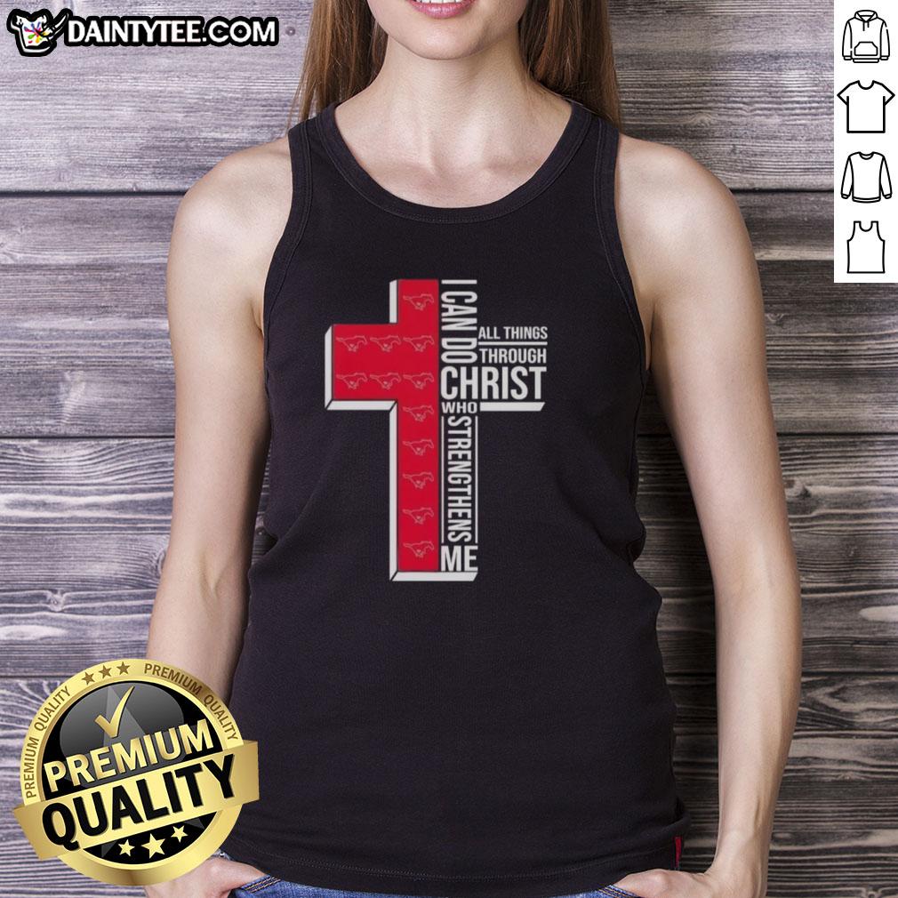 SMU Mustangs football cross tank top featuring 'I Can Do All Things Through Christ Who Strengthens Me' design.