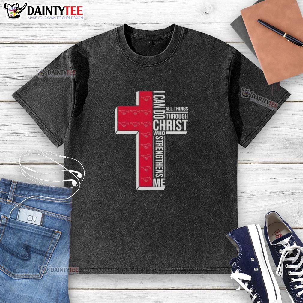 SMU Mustangs football t-shirt featuring 'I Can Do All Things Through Christ' design, perfect for fans and believers.