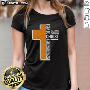 Alt Text: Ladies' tee featuring 'I Can Do All Things Through Christ' design, perfect for Tennessee Volunteers football fans.