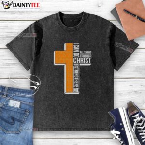 Alt Text: Tennessee Volunteers football cross washed t-shirt with 'I Can Do All Things Through Christ' design.