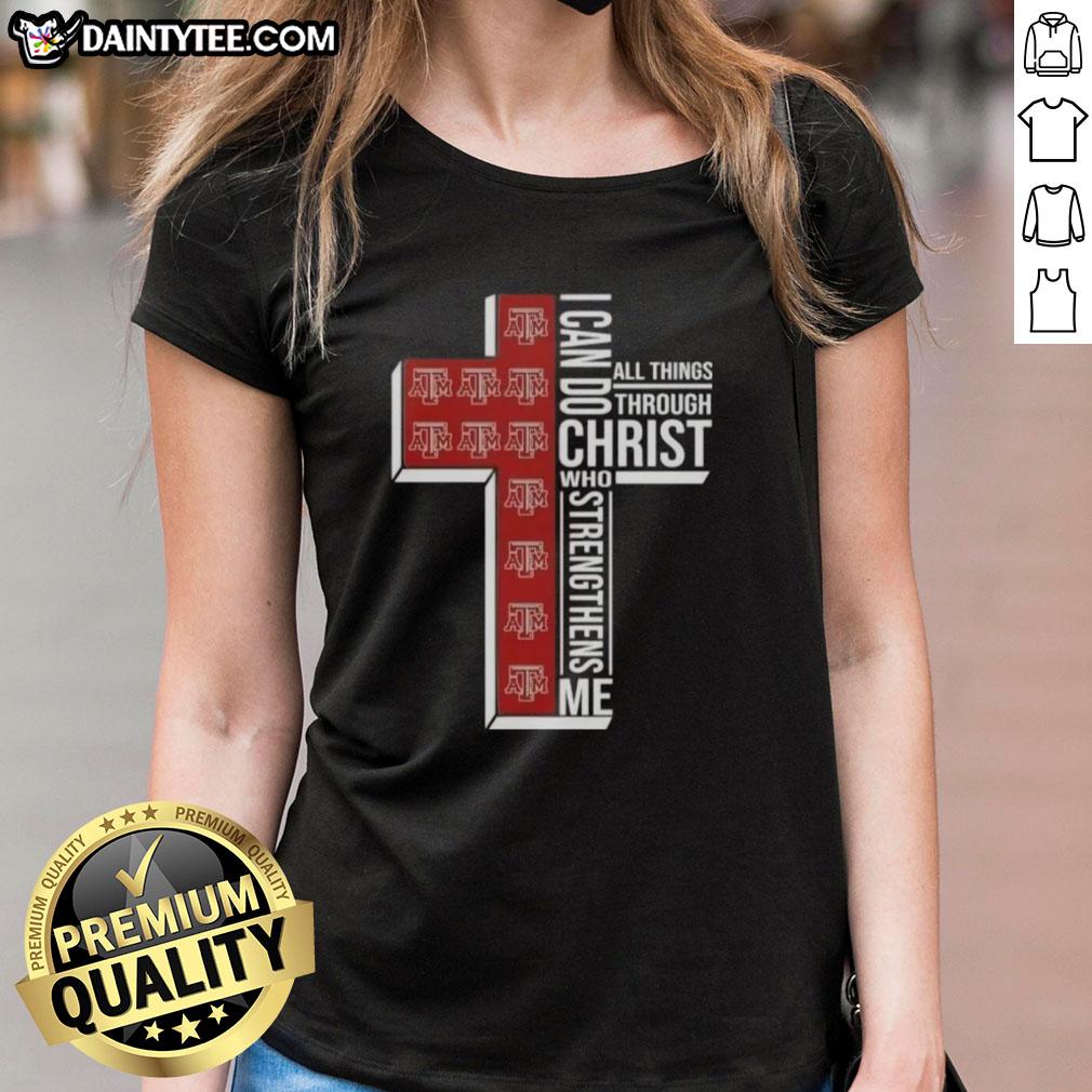 Texas A&M Aggies Football cross ladies tee featuring 'I Can Do All Things Through Christ Who Strengthens Me' design.