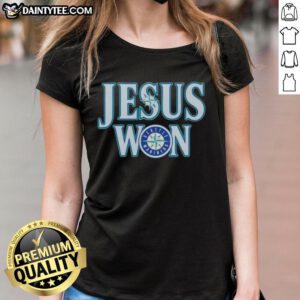 Awesome Jesus Won Seattle Mariners Baseball Logo Ladies Tee featuring a vibrant design for female fans.
