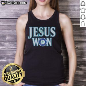 Awesome Jesus Won Seattle Mariners baseball logo tank top featuring a vibrant design for fans and casual wear.