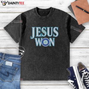 Awesome Jesus Won Seattle Mariners baseball logo on a washed t-shirt, perfect for fans and casual wear.
