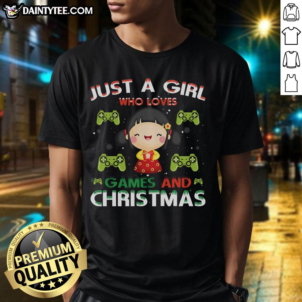 Alt Text: Just A Girl Who Loves Games And Christmas T-Shirt featuring festive graphics and playful design for gamers.