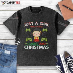 Awesome just a girl who loves games and Christmas washed t-shirt in festive colors, perfect for holiday gaming fun.