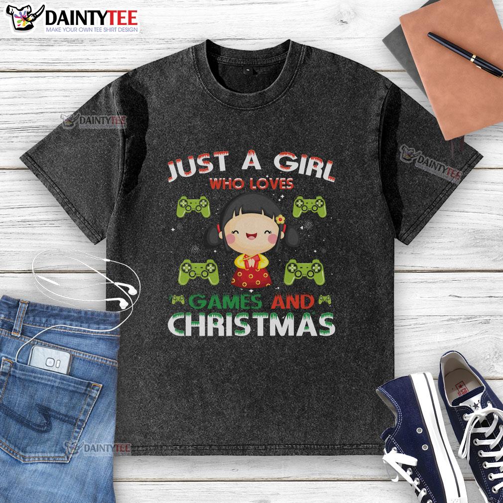 Awesome just a girl who loves games and Christmas washed t-shirt in festive colors, perfect for holiday gaming fun.