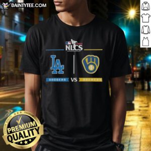 Los Angeles Dodgers vs Milwaukee Brewers 2025 NLCS playoff series matchup t-shirt featuring team logos and vibrant graphics.