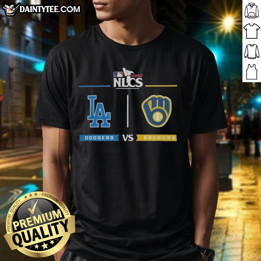 Los Angeles Dodgers vs Milwaukee Brewers 2025 NLCS playoff series matchup t-shirt featuring team logos and vibrant graphics.
