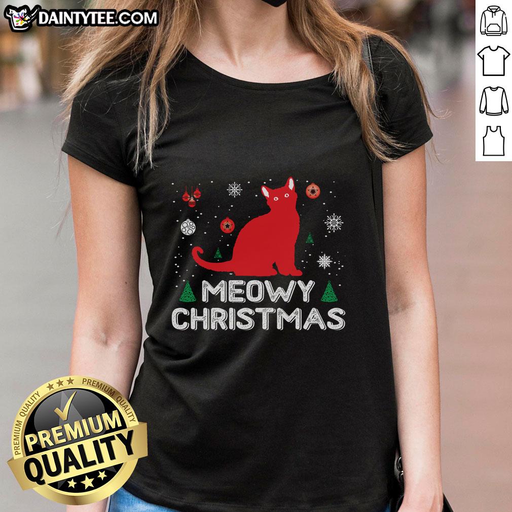 Awesome Meowy Christmas Ladies Tee featuring a festive cat design, perfect for holiday celebrations and cozy gatherings.