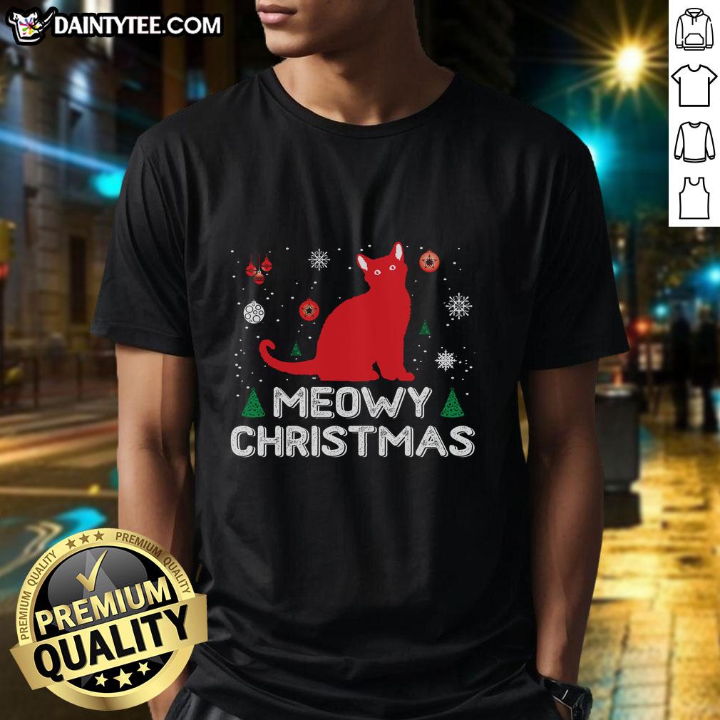 Awesome Meowy Christmas T-Shirt featuring a festive cat design, perfect for holiday celebrations and cat lovers.