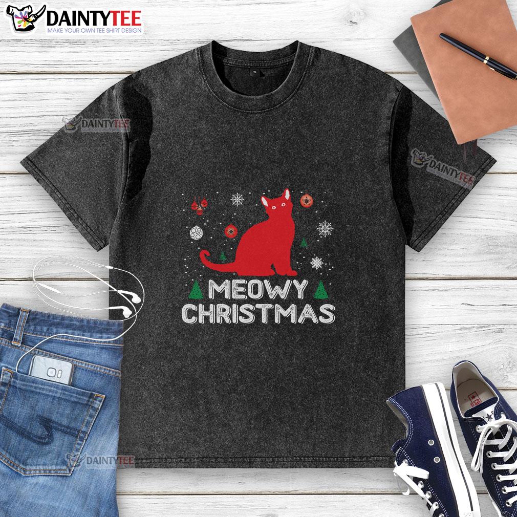 Awesome Meowy Christmas washed t-shirt featuring a festive cat design, perfect for holiday celebrations and cozy wear.