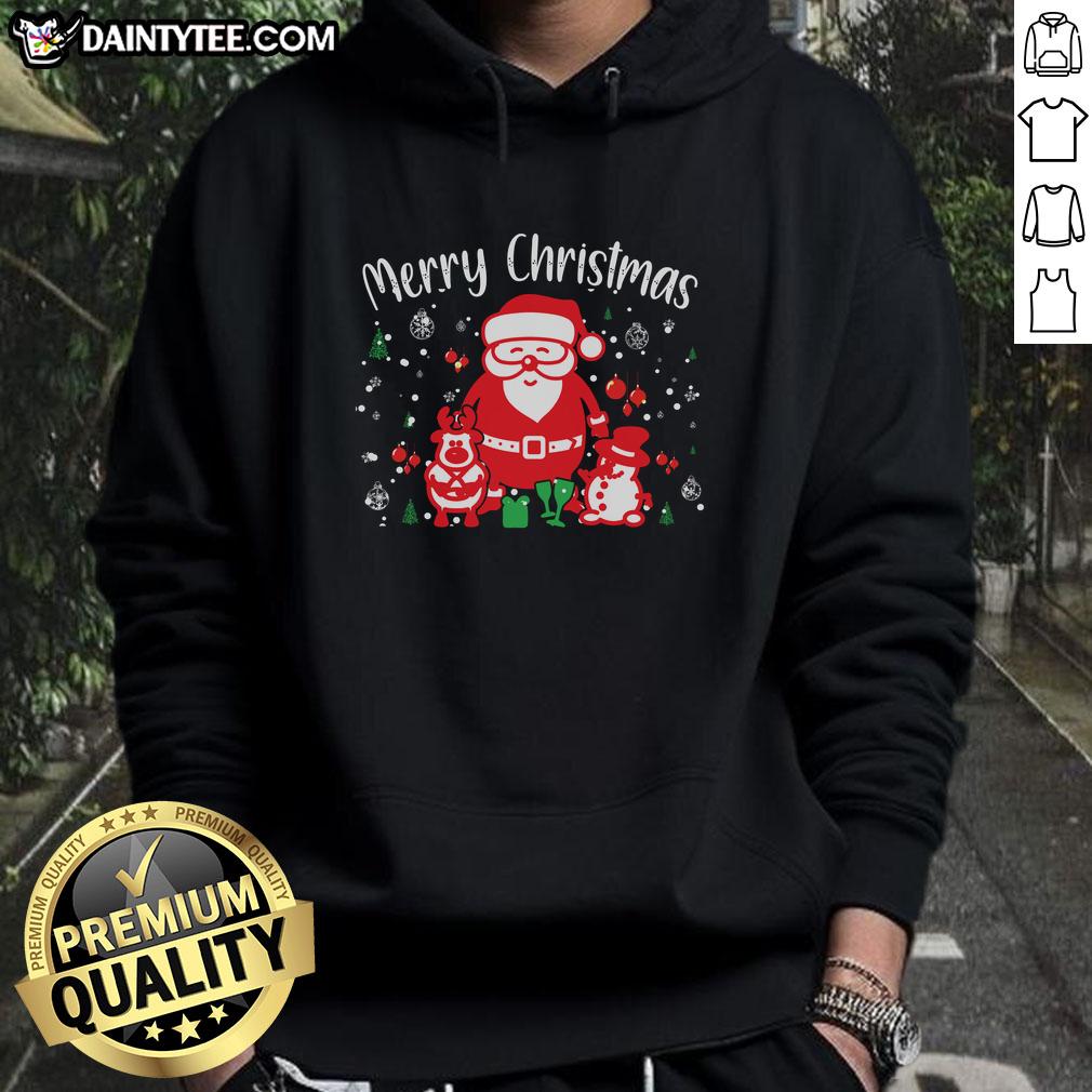 Awesome Merry Christmas hoodie featuring a festive Santa and snowman design, perfect for holiday celebrations.