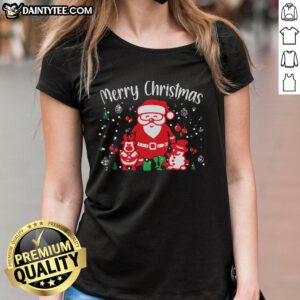 Awesome Merry Christmas Santa Snowman Ladies Tee featuring festive graphics, perfect for holiday celebrations.