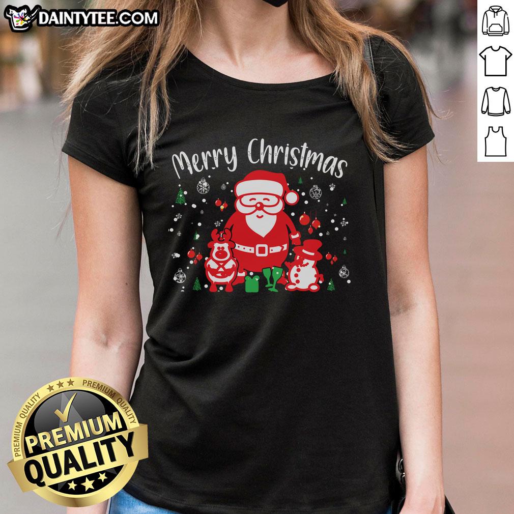 Awesome Merry Christmas Santa Snowman Ladies Tee featuring festive graphics, perfect for holiday celebrations.