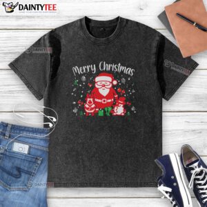 Awesome Merry Christmas Santa Snowman washed t-shirt featuring festive designs for holiday celebrations.