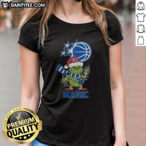 Awesome Orlando Magic Christmas Grinch Santa Hat holiday tee for ladies in vibrant colors, perfect for festive cheer 2025.