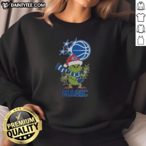 Awesome Orlando Magic Christmas Grinch Santa Hat Holiday 2025 Sweatshirt design featuring vibrant colors and festive graphics.