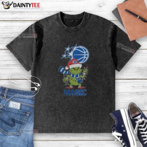 Orlando Magic Christmas Grinch Santa Hat on a trendy washed t-shirt for holiday 2025, perfect for festive fans.