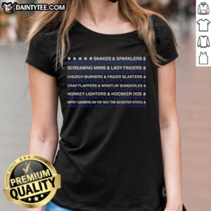 Awesome Snakes and Sparklers and Black Cats and Roman Candles Ladies Tee featuring vibrant fireworks and playful designs.