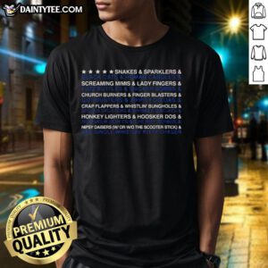 Awesome Snakes and Sparklers and Black Cats and Roman Candles T-Shirt featuring vibrant graphic design for festive celebrations.