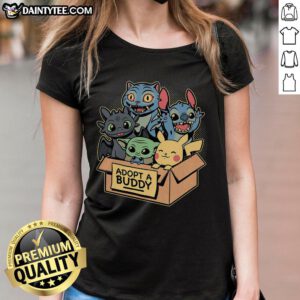 Alt Text: Cute Adopt A Buddy animal game movie ladies tee featuring playful graphics and vibrant colors for animal lovers.
