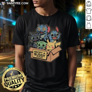 Alt Text: Cute Adopt A Buddy Animal Game Movie T-Shirt featuring playful graphics of adorable animals ready for adoption.