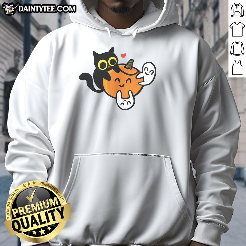 Cute cat in a pumpkin-themed hoodie surrounded by playful ghosts, perfect for Halloween spirit and cozy vibes.