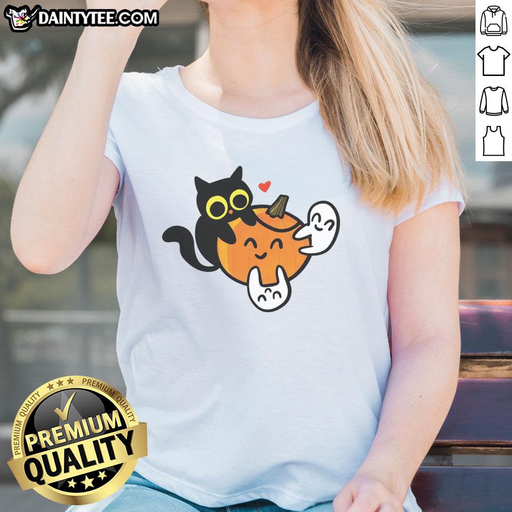 Cute cat with pumpkins and ghosts on a ladies tee, perfect for Halloween celebrations and cat lovers.