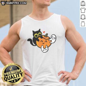 Adorable cat with pumpkins and ghosts on a tank top, perfect for Halloween festivities and cat lovers.