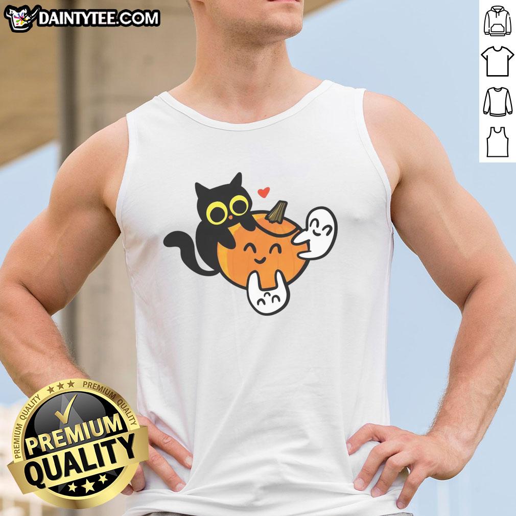 Adorable cat with pumpkins and ghosts on a tank top, perfect for Halloween festivities and cat lovers.