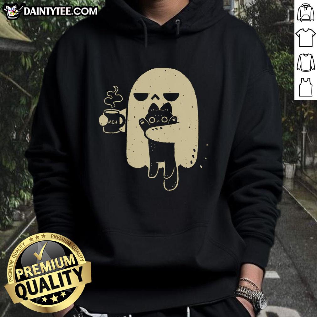 Cute ghost holding a cat in a cozy hoodie, perfect for Halloween and pet lovers. Adorable spooky style!